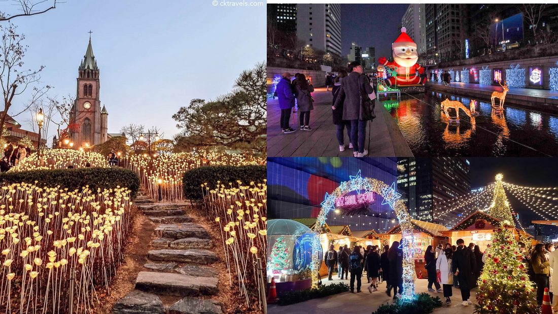 Myeongdong Cathedral at the left, Cheonggyecheon Stream at Christmas time on top right and Gwanghwamun Square in Christmas time at bottom right