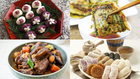 A collage of traditional Korean Chuseok dishes: songpyeon, jeon, galbi-jjim, and hangwa, showcasing the variety of festive foods