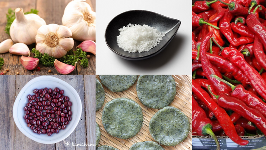 Collection of garlic, red beans, sea salt, mugwort rice cakes, and red chili peppers.