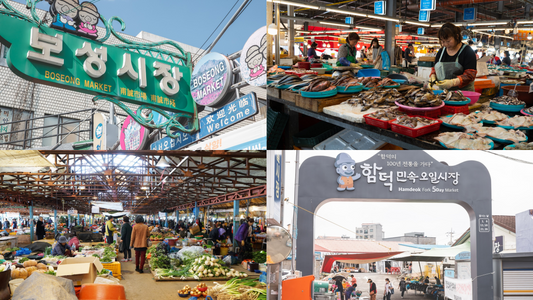 A collage of Jeju's local markets, featuring Boseong Market's entrance, a seafood vendor, a bustling produce area, and the Hamdeok Folk 5 Day Market entrance, showcasing the island's vibrant market culture.