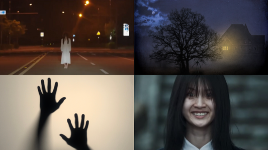 Collage featuring a person in a white dress walking on a deserted street, a silhouette of a tree and house at night, shadowy hands on a wall, and a close-up of a person with a disturbing smile