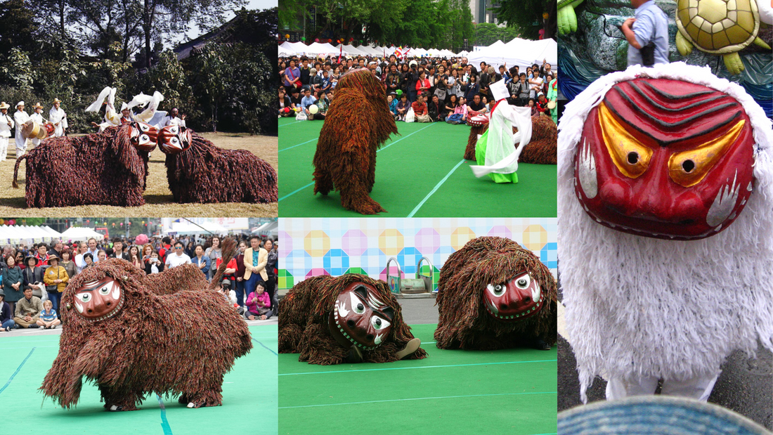 Collage of vibrant Bukcheong Saja-noreum lion dance scenes