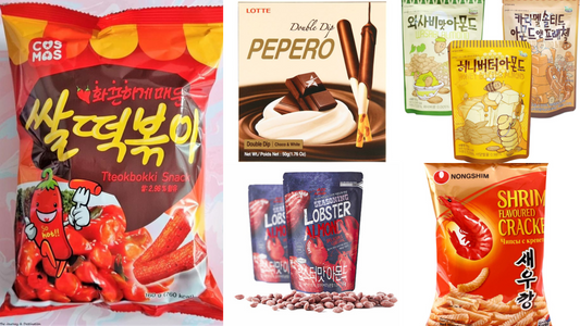 Korean snack variety featuring tteokbokki chips, Pepero, flavored almonds, and seafood-inspired crackers