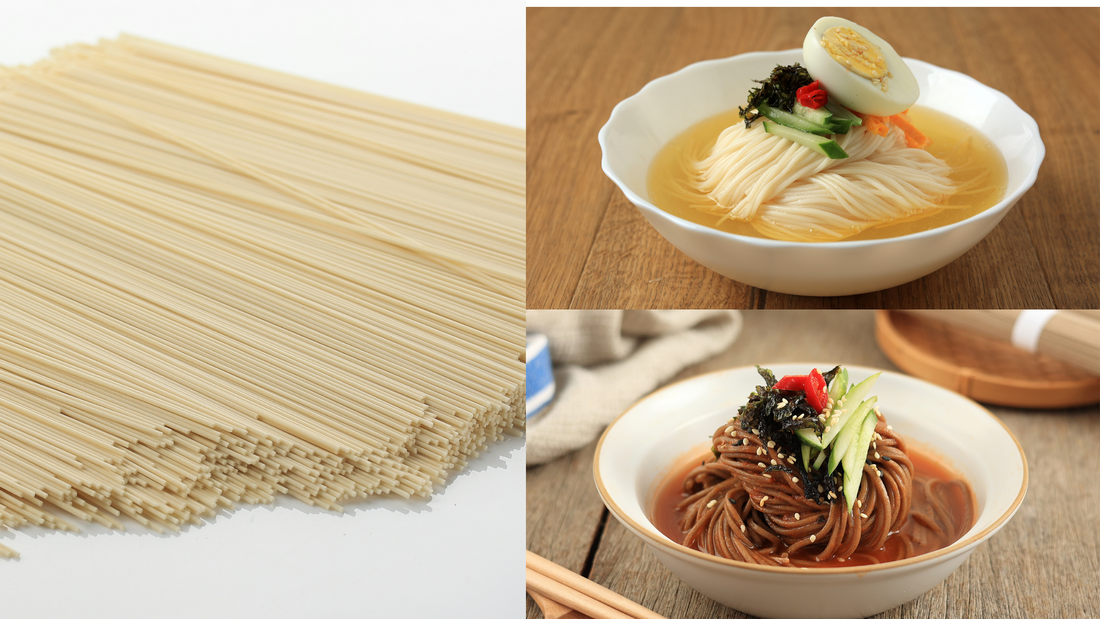 collage of janchi guksu korean long noodles