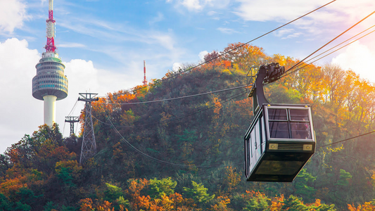 Cable car approaching N Seoul Tower amid autumn foliage on Namsan Mountain