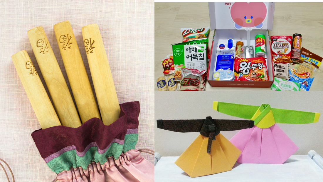 yut nori on the left, Seoulbox box on top right and DIY paper hanbok on right corner