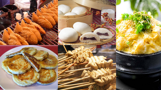  Korean street food collage – Includes Bungeoppang, Jjinppang, Gyeran-jjim, Eomuk skewers, and Hotteok.