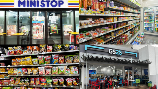 Collage of Ministop, GS25, and various snack displays in Korean convenience stores